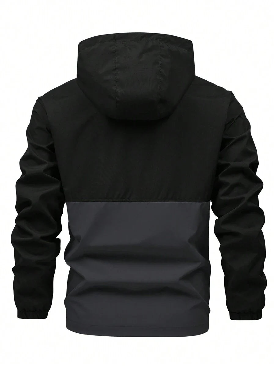 Manfinity Homme Men's Loose Fit Two Tone Letter Graphic Hooded Outdoor Windbreaker Jacket With Drawstring, For Fall