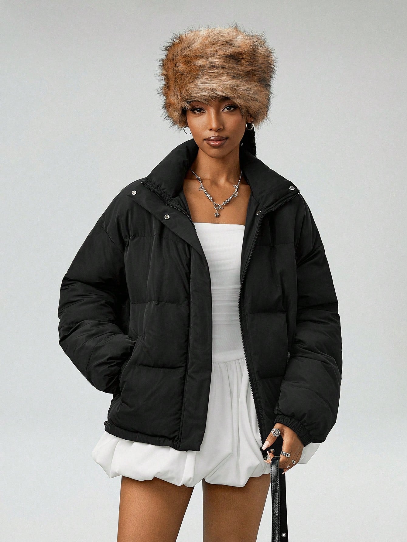 SHEIN EZwear Women's Daily Wear Keep Warm Solid Color Quilted Coat With Fleece Keep Warm