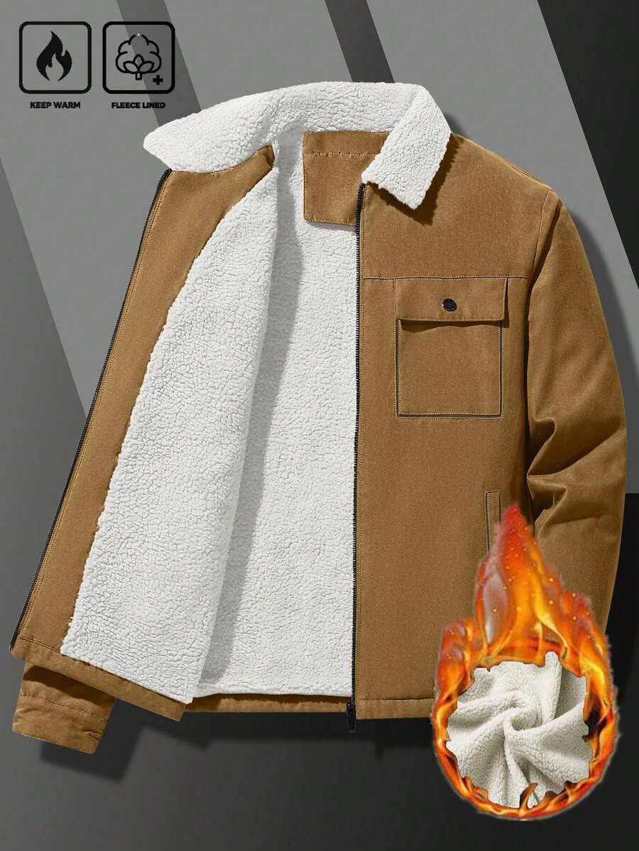Manfinity Homme Men's Ultra-Oversized Flap Pocket Teddy Fleece-Lined Zipper Front Jacket