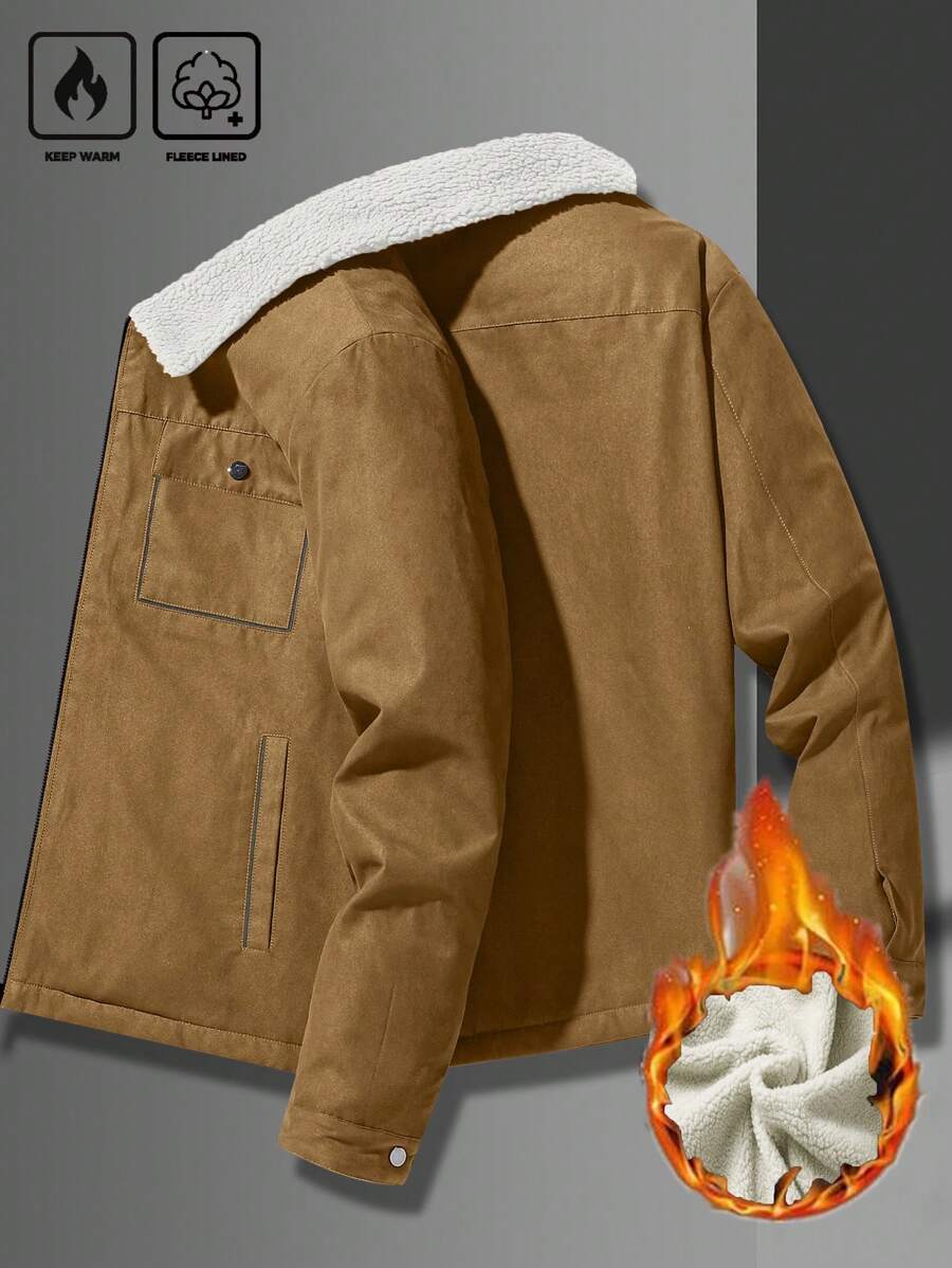 Manfinity Homme Men's Ultra-Oversized Flap Pocket Teddy Fleece-Lined Zipper Front Jacket