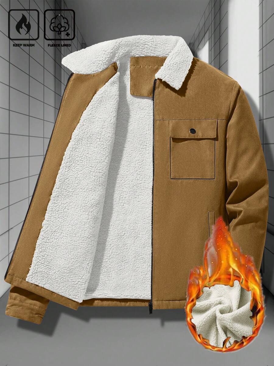 Manfinity Homme Men's Ultra-Oversized Flap Pocket Teddy Fleece-Lined Zipper Front Jacket