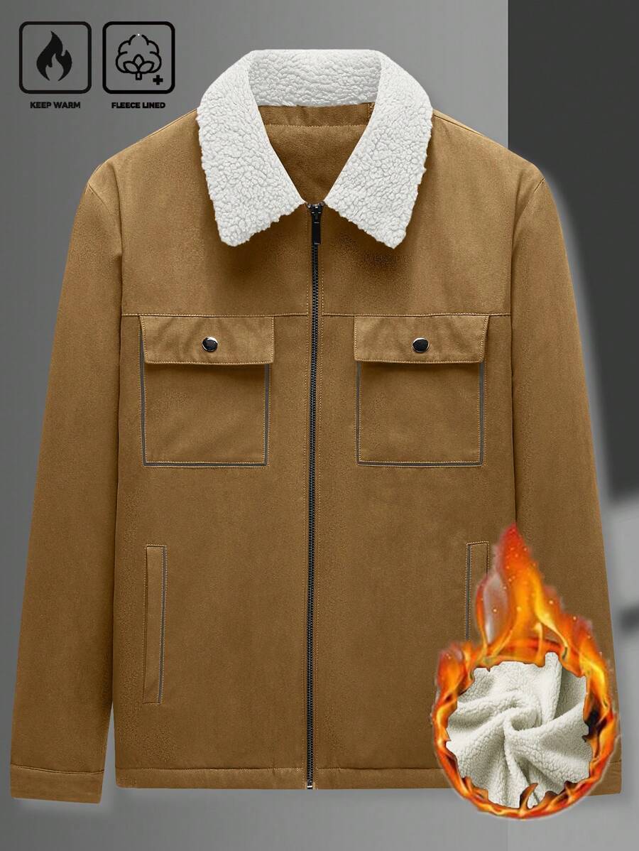 Manfinity Homme Men's Ultra-Oversized Flap Pocket Teddy Fleece-Lined Zipper Front Jacket