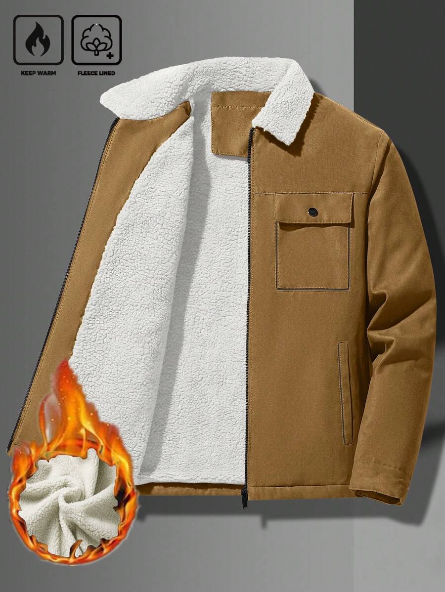 Manfinity Homme Men's Ultra-Oversized Flap Pocket Teddy Fleece-Lined Zipper Front Jacket