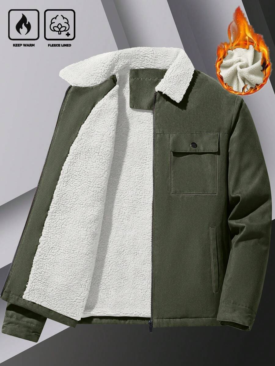 Manfinity Homme Men's Ultra-Oversized Flap Pocket Teddy Fleece-Lined Zipper Front Jacket