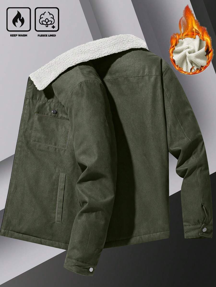Manfinity Homme Men's Ultra-Oversized Flap Pocket Teddy Fleece-Lined Zipper Front Jacket