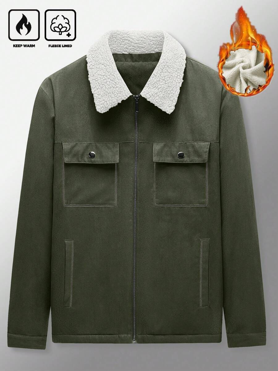 Manfinity Homme Men's Ultra-Oversized Flap Pocket Teddy Fleece-Lined Zipper Front Jacket