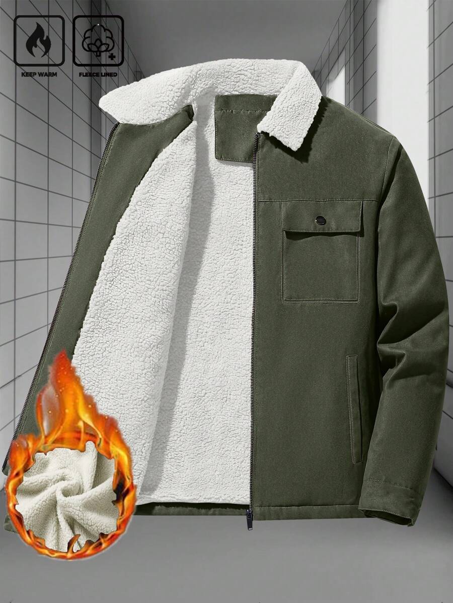 Manfinity Homme Men's Ultra-Oversized Flap Pocket Teddy Fleece-Lined Zipper Front Jacket