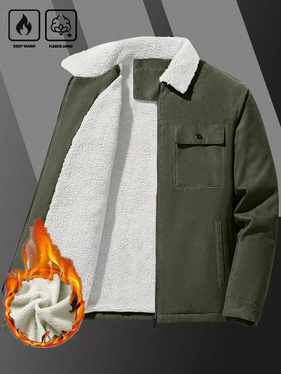 Manfinity Homme Men's Ultra-Oversized Flap Pocket Teddy Fleece-Lined Zipper Front Jacket