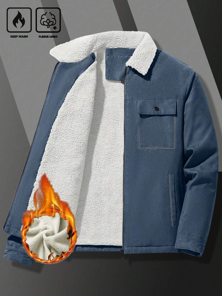 Manfinity Homme Men's Ultra-Oversized Flap Pocket Teddy Fleece-Lined Zipper Front Jacket