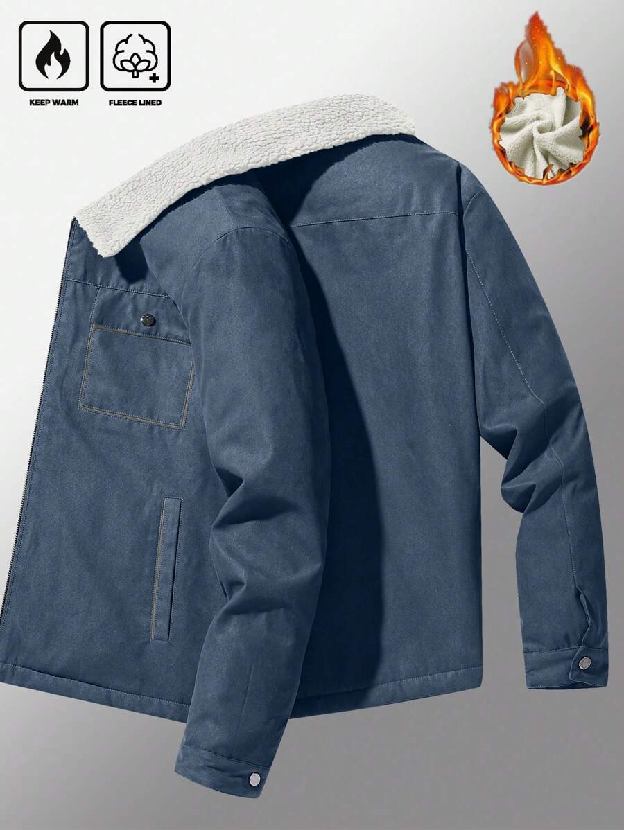 Manfinity Homme Men's Ultra-Oversized Flap Pocket Teddy Fleece-Lined Zipper Front Jacket