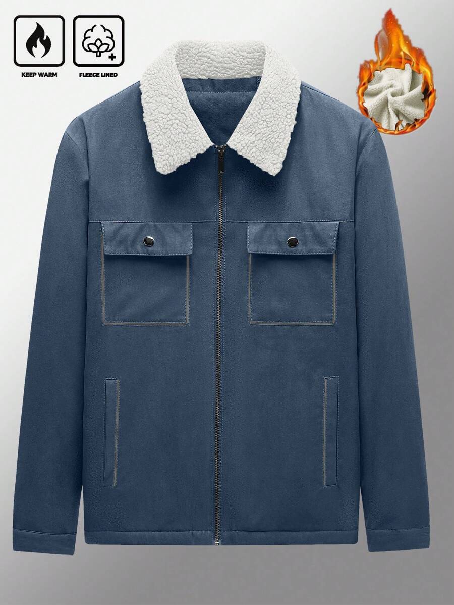 Manfinity Homme Men's Ultra-Oversized Flap Pocket Teddy Fleece-Lined Zipper Front Jacket
