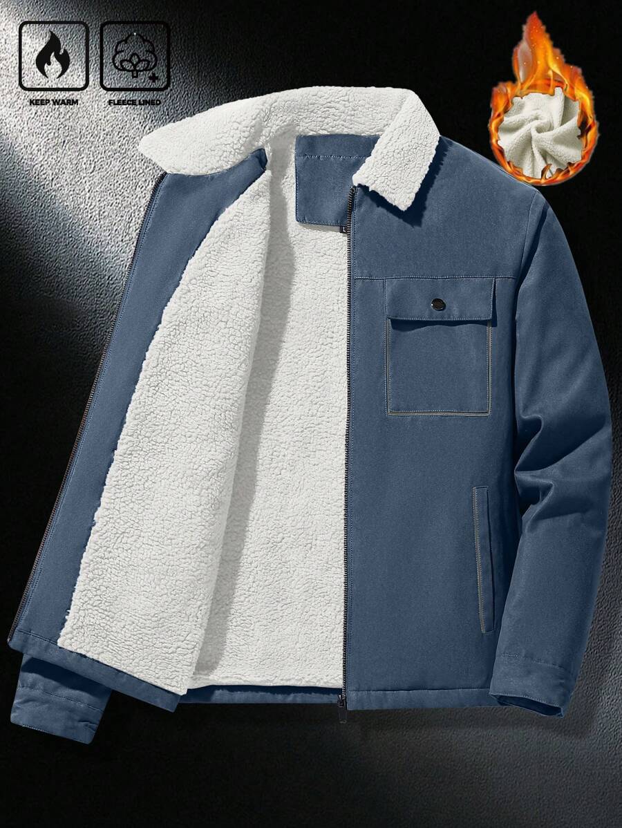 Manfinity Homme Men's Ultra-Oversized Flap Pocket Teddy Fleece-Lined Zipper Front Jacket