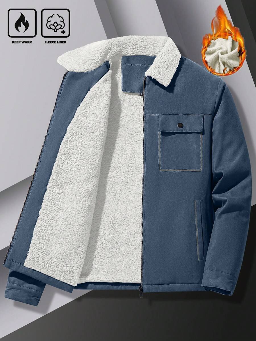 Manfinity Homme Men's Ultra-Oversized Flap Pocket Teddy Fleece-Lined Zipper Front Jacket