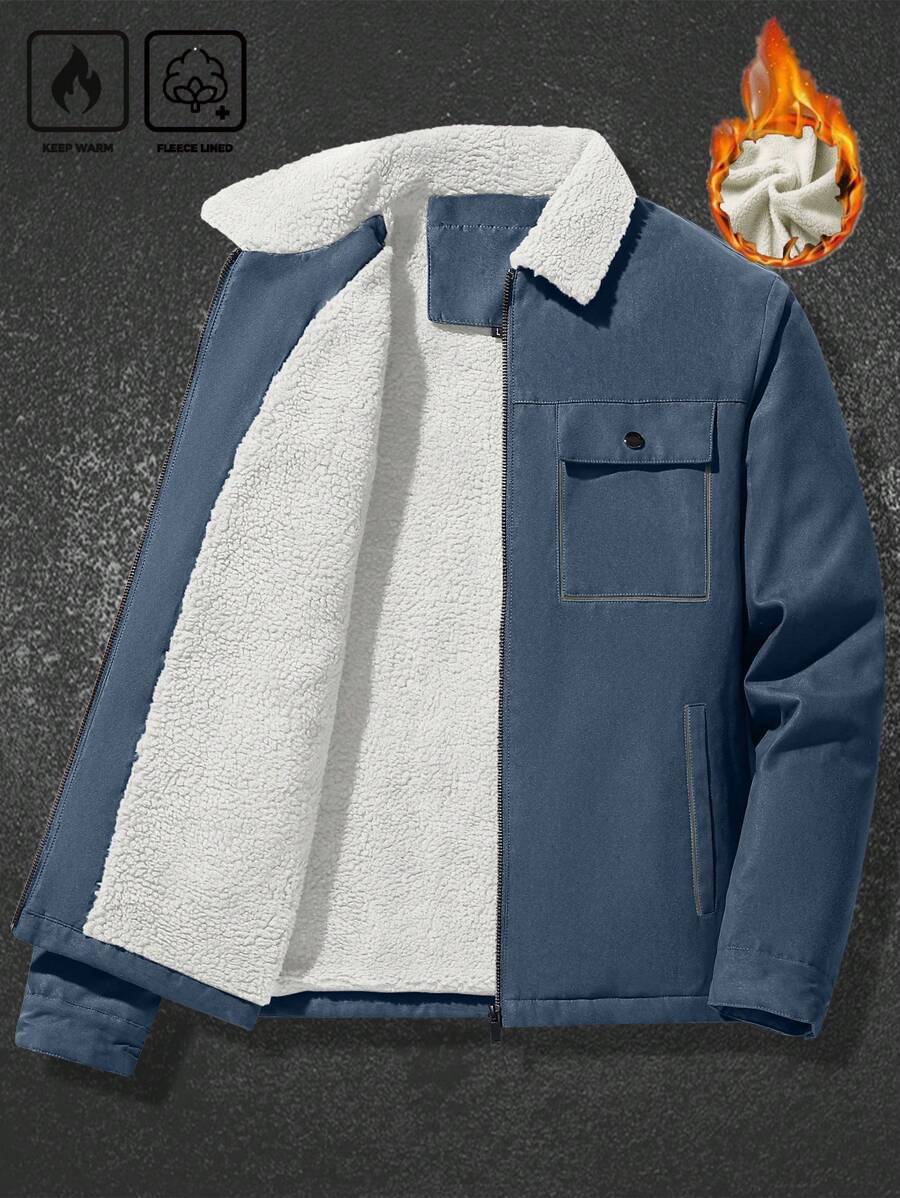 Manfinity Homme Men's Ultra-Oversized Flap Pocket Teddy Fleece-Lined Zipper Front Jacket