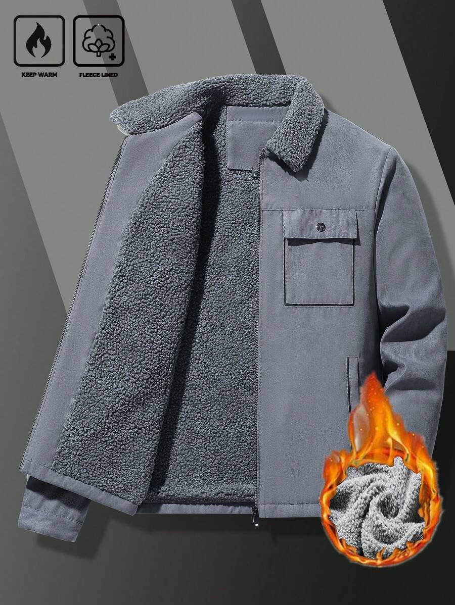 Manfinity Homme Men's Ultra-Oversized Flap Pocket Teddy Fleece-Lined Zipper Front Jacket