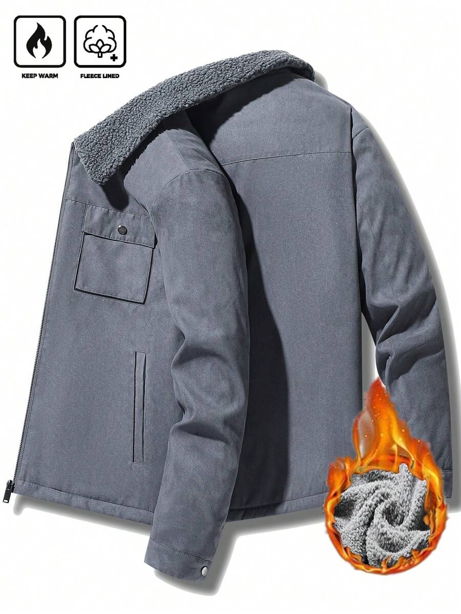 Manfinity Homme Men's Ultra-Oversized Flap Pocket Teddy Fleece-Lined Zipper Front Jacket