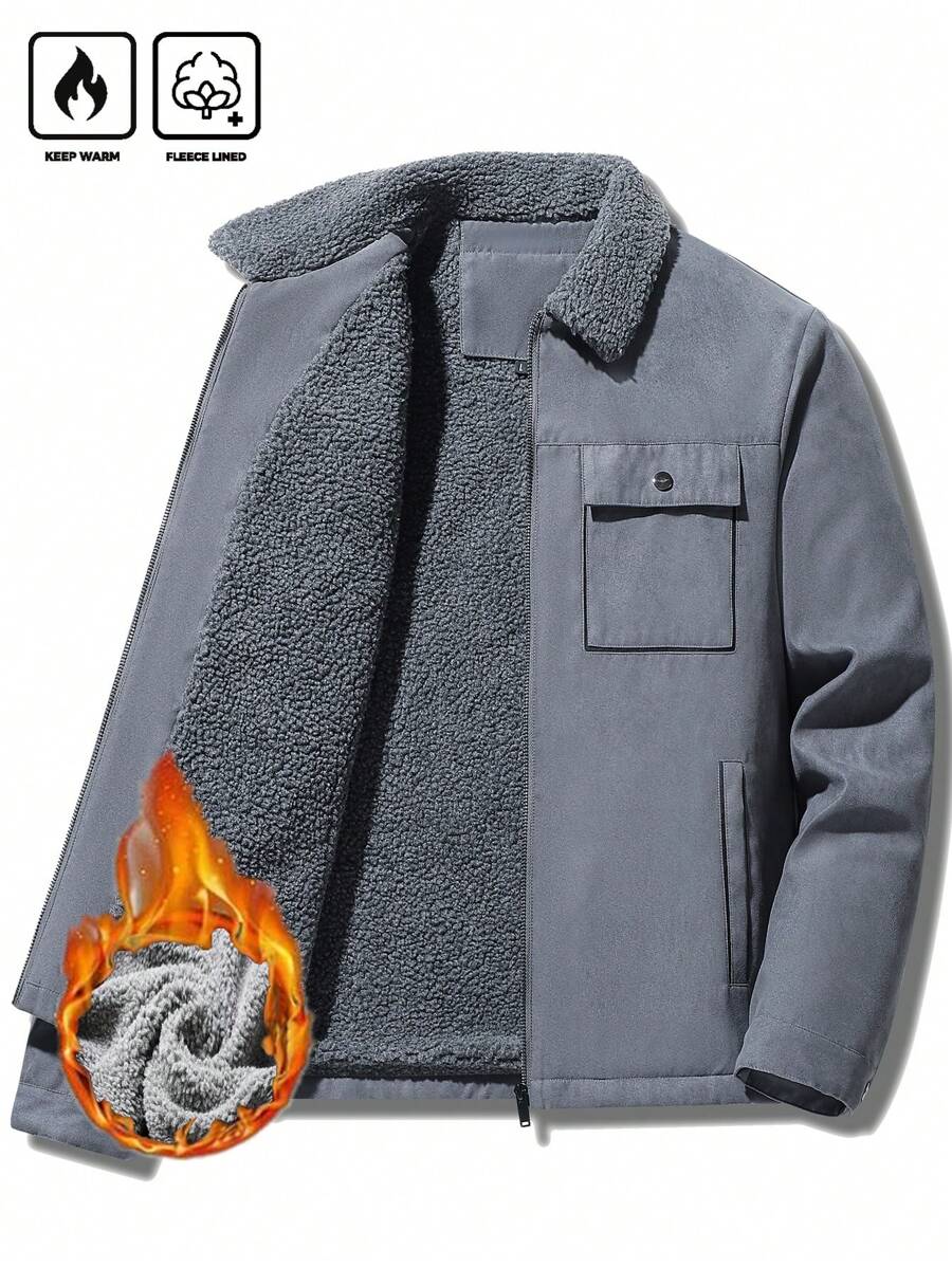 Manfinity Homme Men's Ultra-Oversized Flap Pocket Teddy Fleece-Lined Zipper Front Jacket