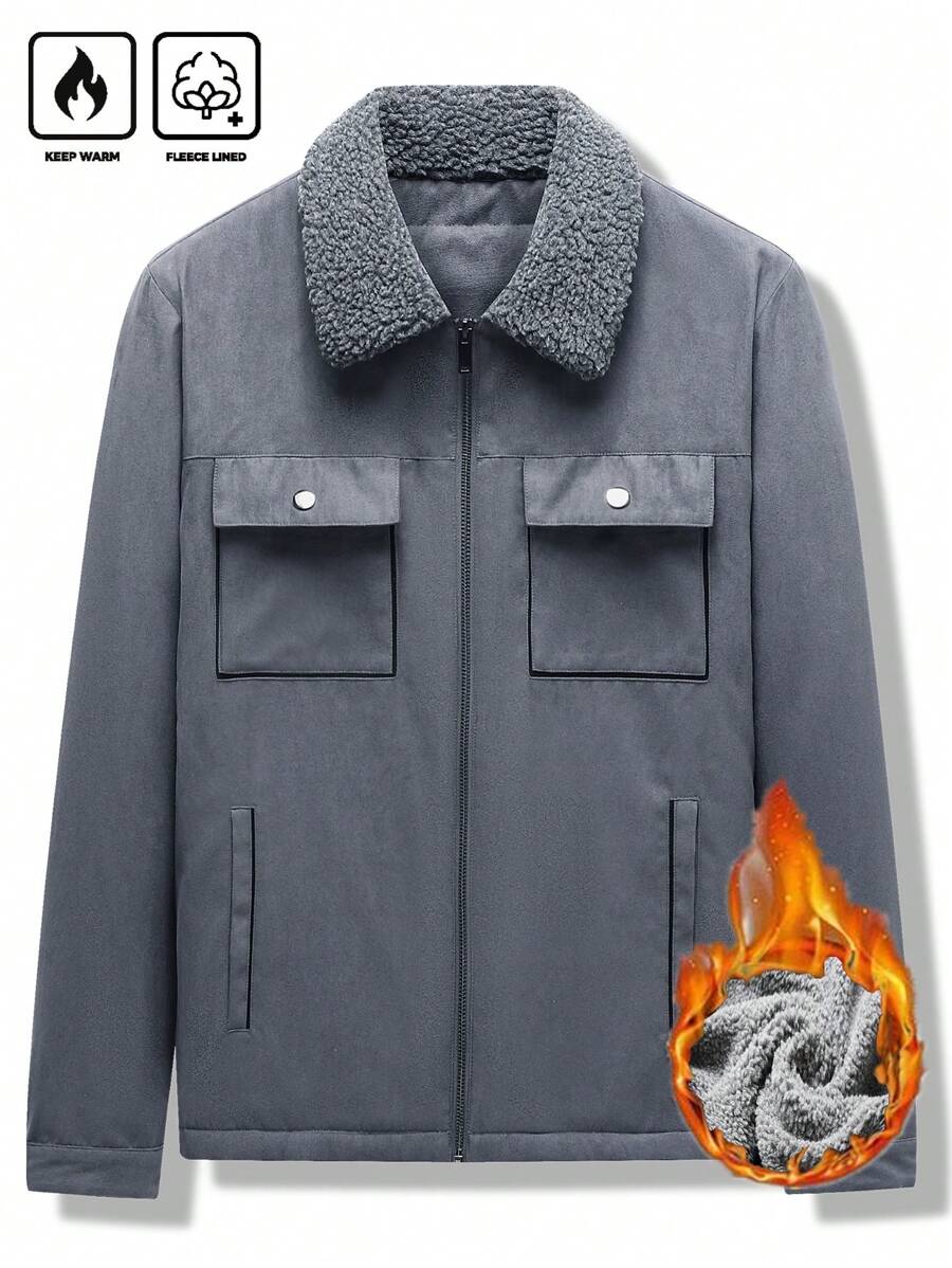 Manfinity Homme Men's Ultra-Oversized Flap Pocket Teddy Fleece-Lined Zipper Front Jacket