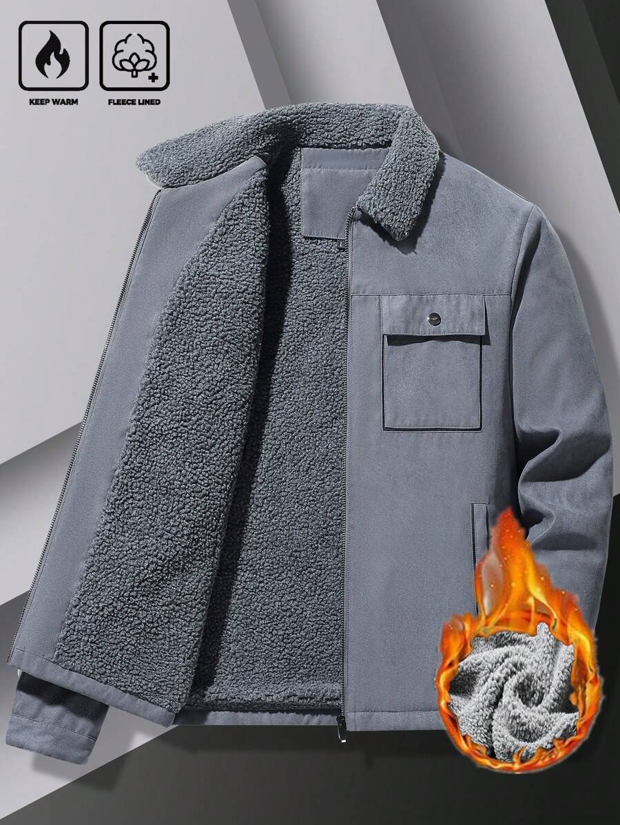 Manfinity Homme Men's Ultra-Oversized Flap Pocket Teddy Fleece-Lined Zipper Front Jacket