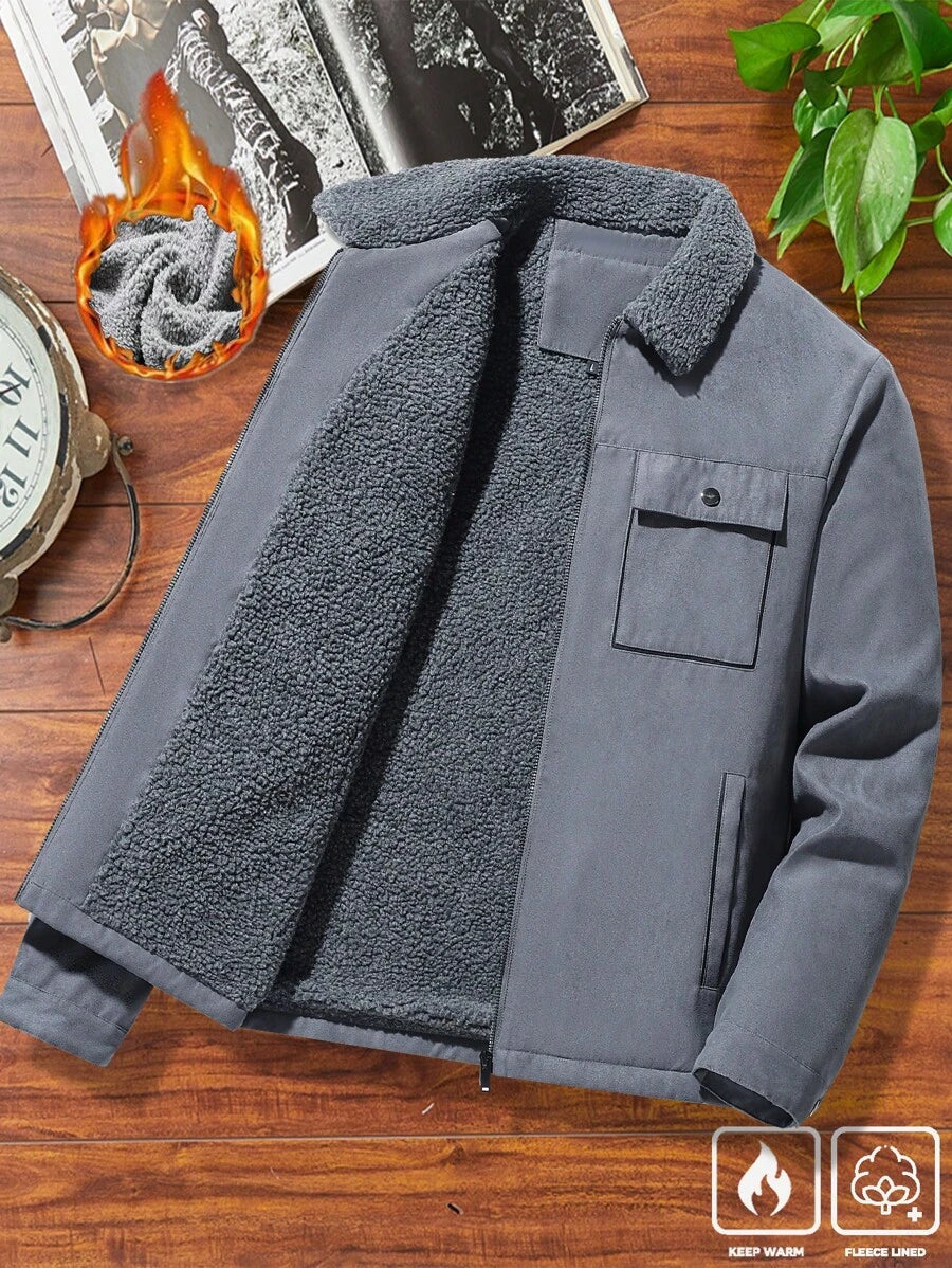 Manfinity Homme Men's Ultra-Oversized Flap Pocket Teddy Fleece-Lined Zipper Front Jacket