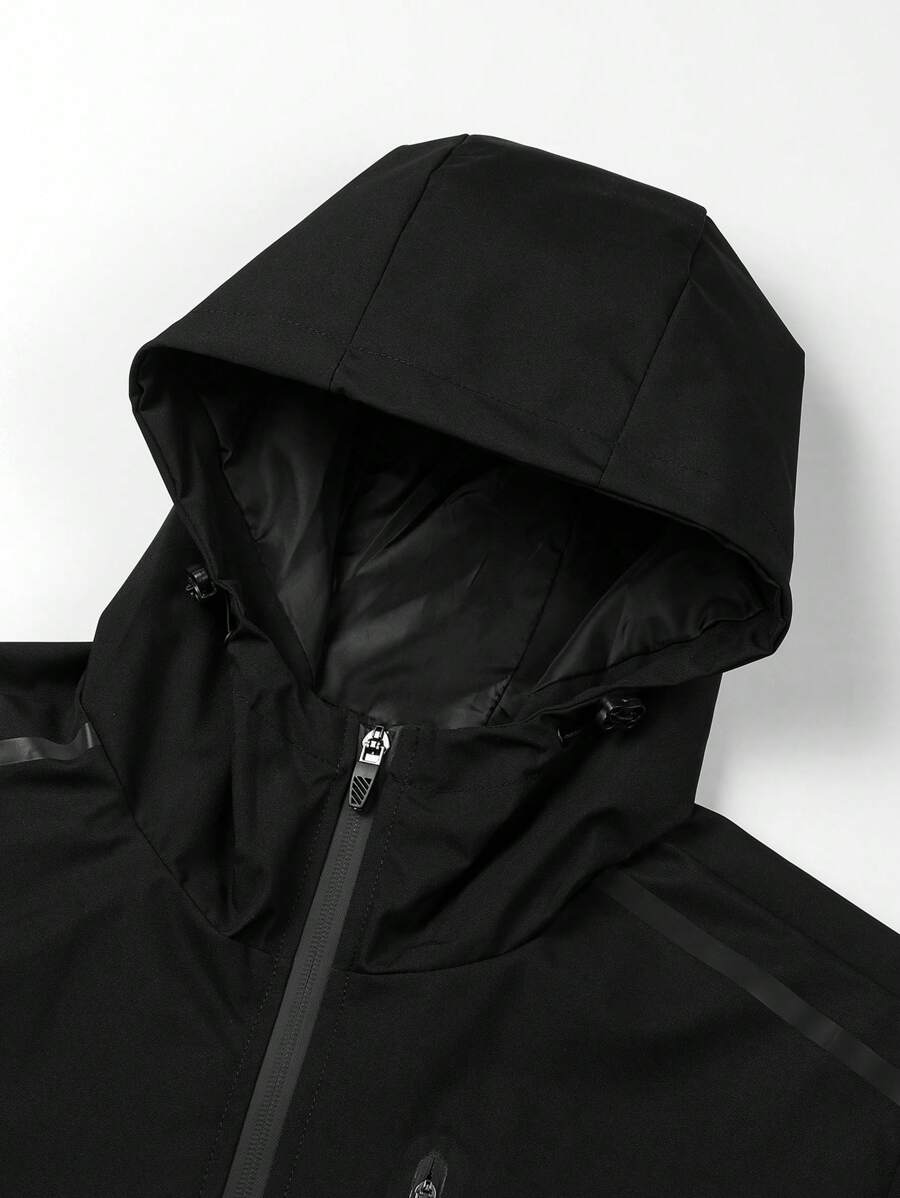 Men's Drawstring Hooded Waterproof Casual Versatile Zip Pocket Windbreaker Jacket, Suitable For Daily Wear