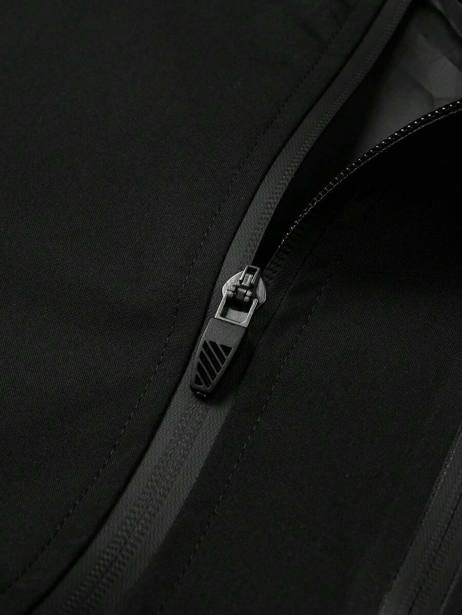 Men's Drawstring Hooded Waterproof Casual Versatile Zip Pocket Windbreaker Jacket, Suitable For Daily Wear