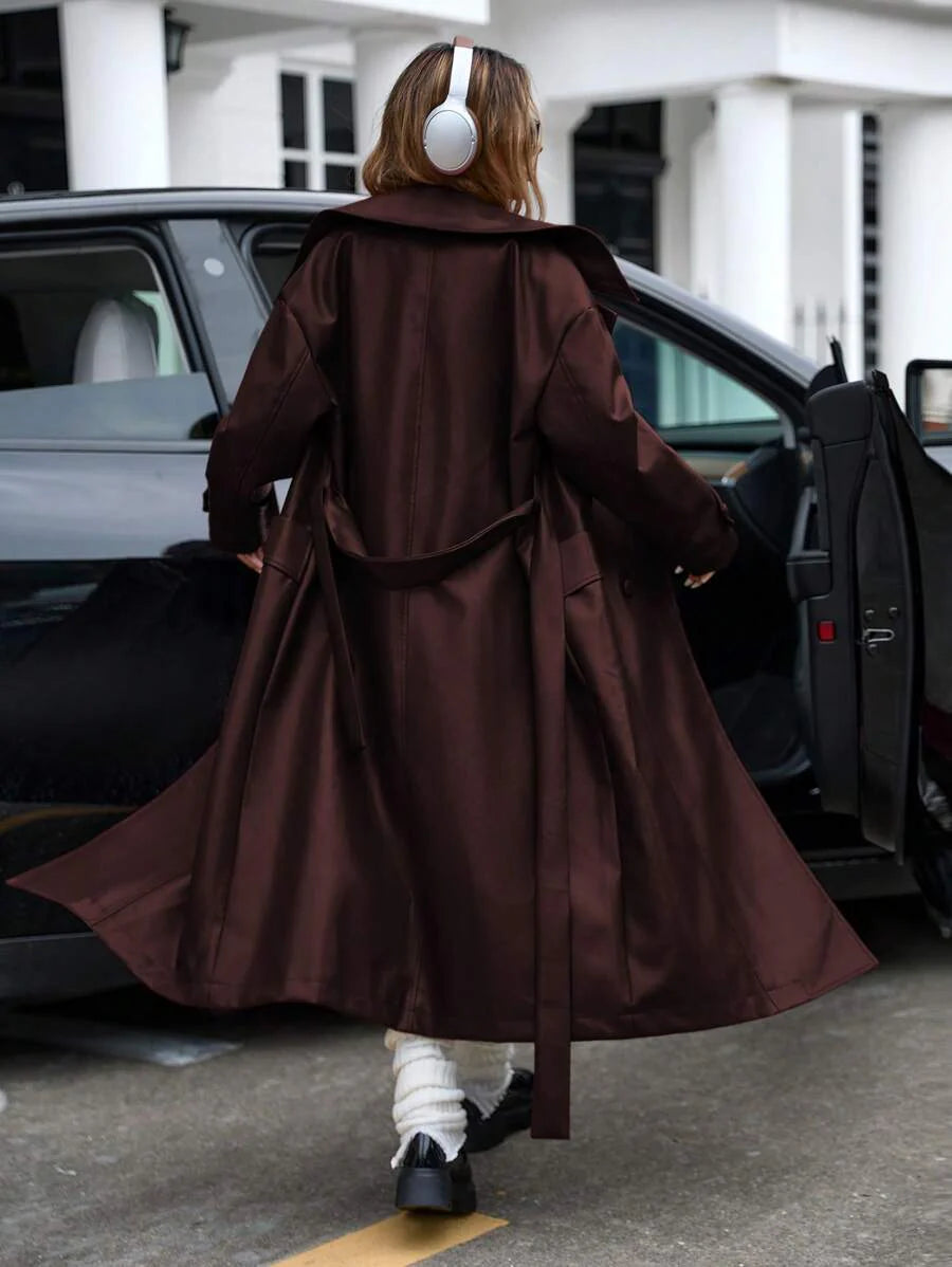 Aveloria Affinna Women's High Quality Burgundy PU Leather French Style Turndown Collar Long Sleeve Jacket, Fashion Streetwear, Autumn Fall Cloth For Women