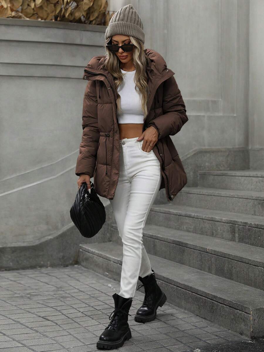 Aveloria Modichic Fashionable Casual Adjustable Waist Quilted Hooded Padded Padded Coat Clothes Winter  Fall Cloth For Women