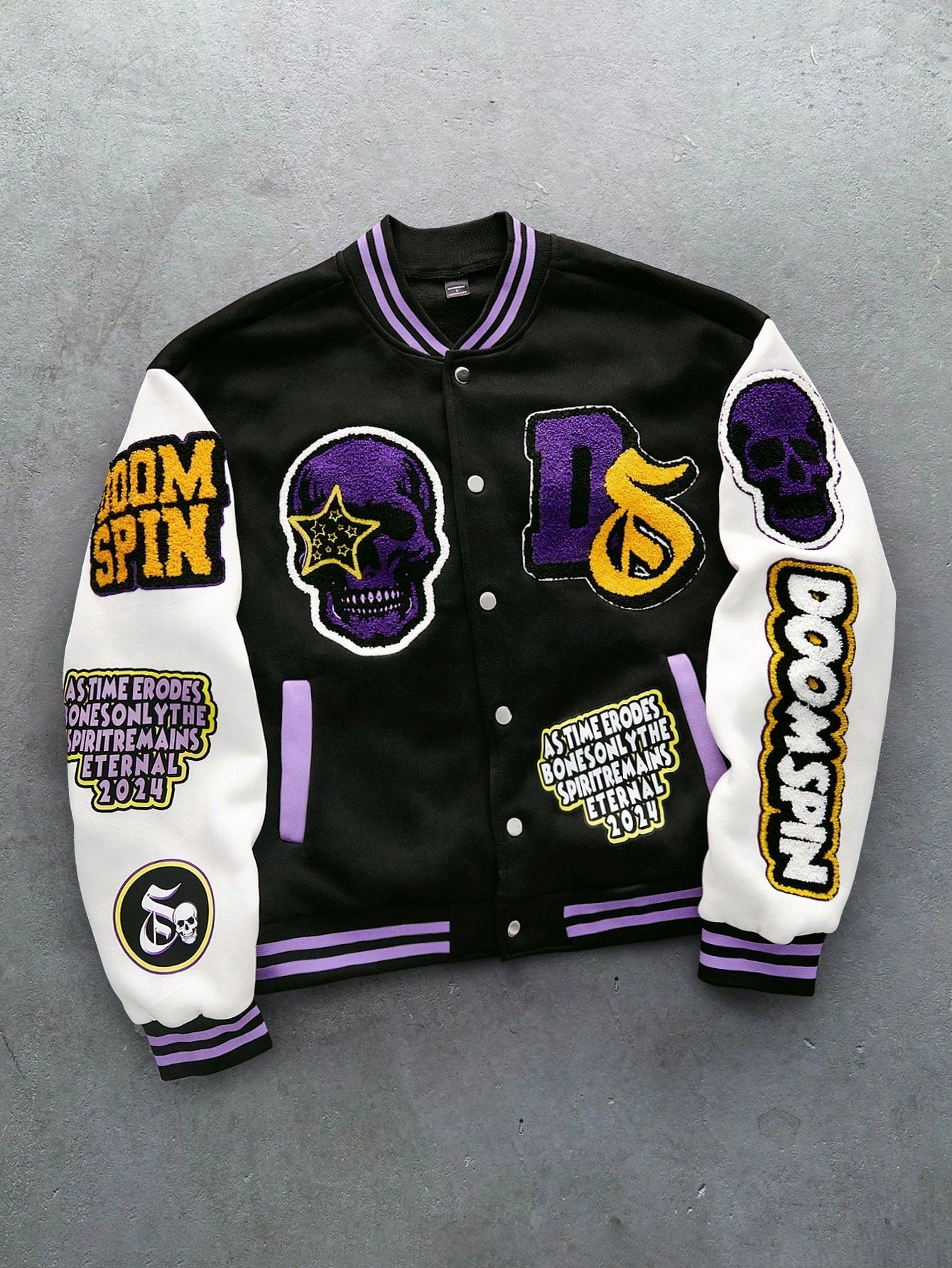 PAVTROS Manfinity Streetrush Men's Youthful Streetwear INS Black And Purple Color Scheme Skull Gothic Font 3D Embroidery Multi-Element Printed Baseball Collar Jacket , Fall And Winter Men Rapper Going Out Fashion Graphic Baseball Long Sleeve Rave Color B