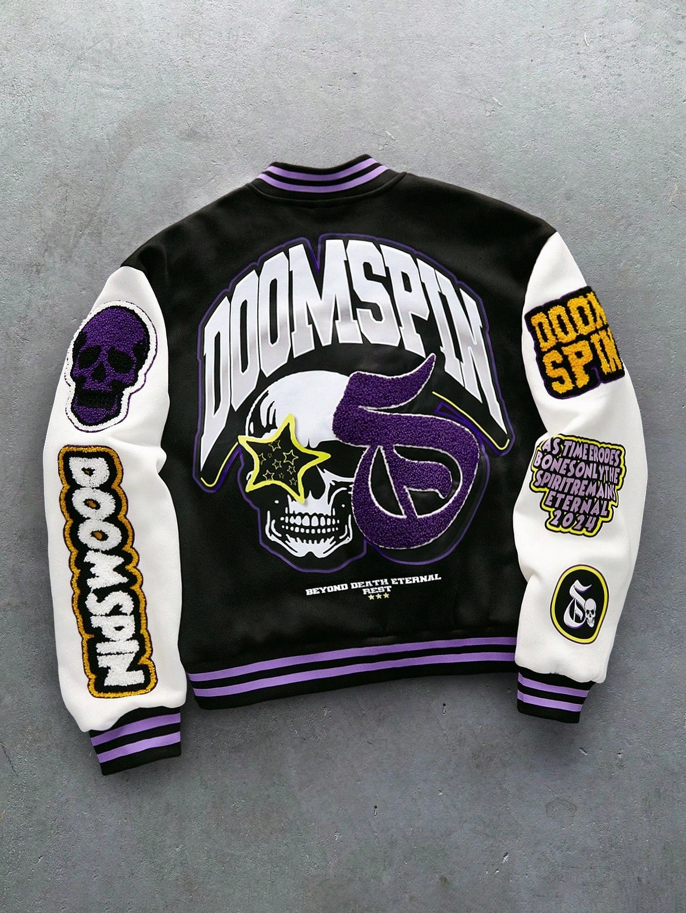 PAVTROS Manfinity Streetrush Men's Youthful Streetwear INS Black And Purple Color Scheme Skull Gothic Font 3D Embroidery Multi-Element Printed Baseball Collar Jacket , Fall And Winter Men Rapper Going Out Fashion Graphic Baseball Long Sleeve Rave Color B