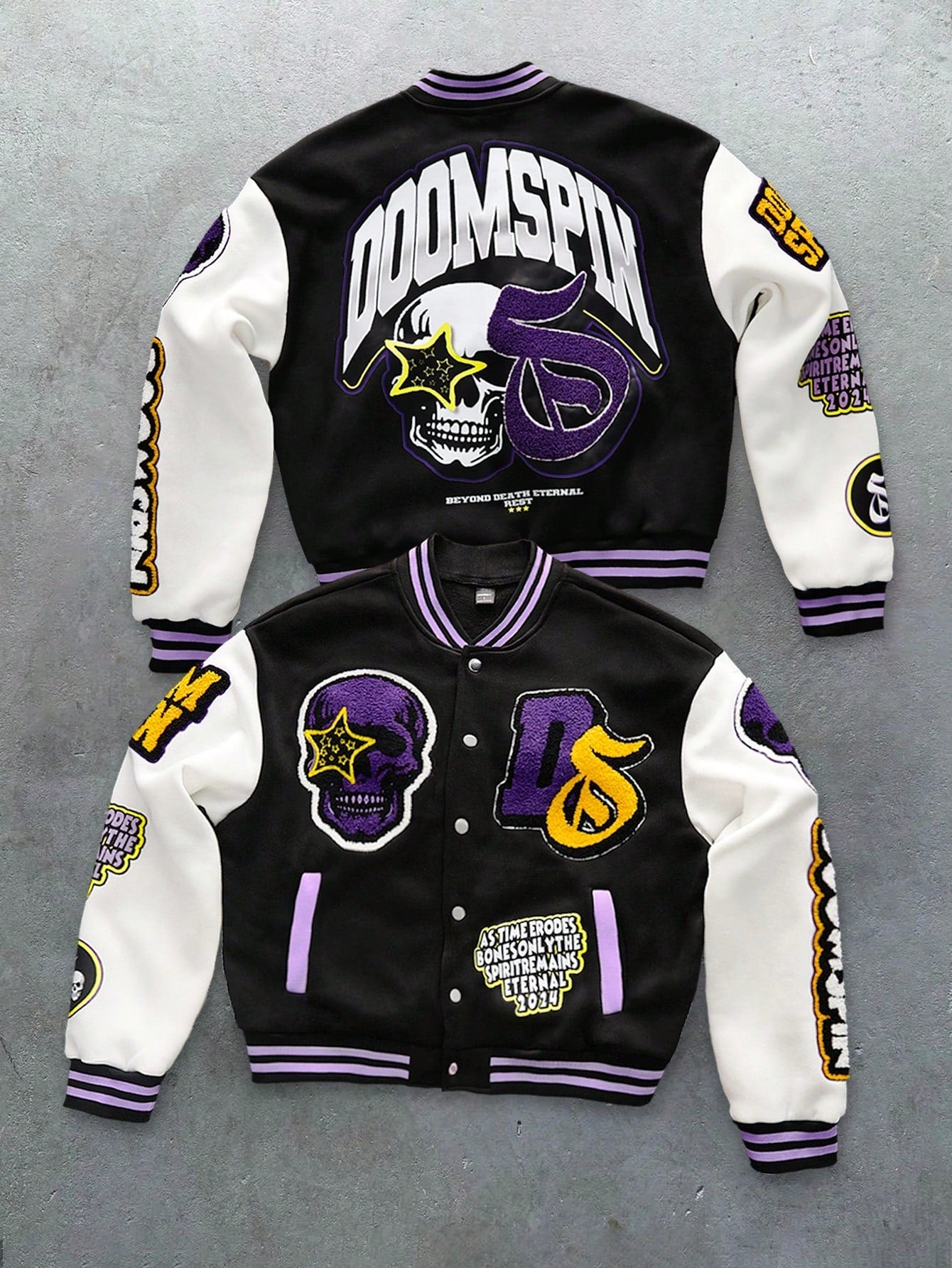 PAVTROS Manfinity Streetrush Men's Youthful Streetwear INS Black And Purple Color Scheme Skull Gothic Font 3D Embroidery Multi-Element Printed Baseball Collar Jacket , Fall And Winter Men Rapper Going Out Fashion Graphic Baseball Long Sleeve Rave Color B