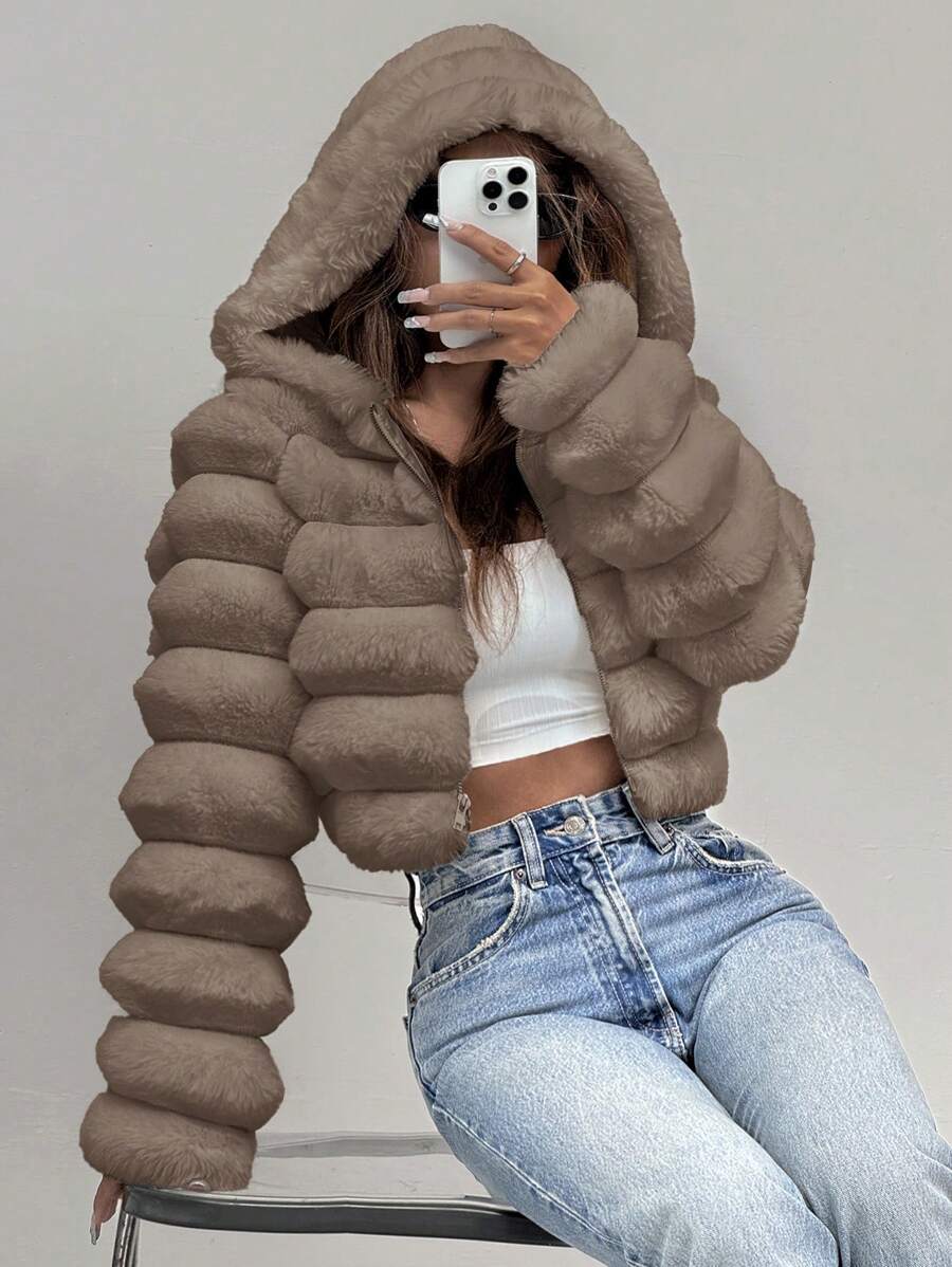 Comfortcana Women's Fashion Street Zip-Up Hooded Faux Fur Jacket, Winter Brown Zip Up Winter Winter Clothes Jacket Halloween Christmas,Winter Clothes For Women