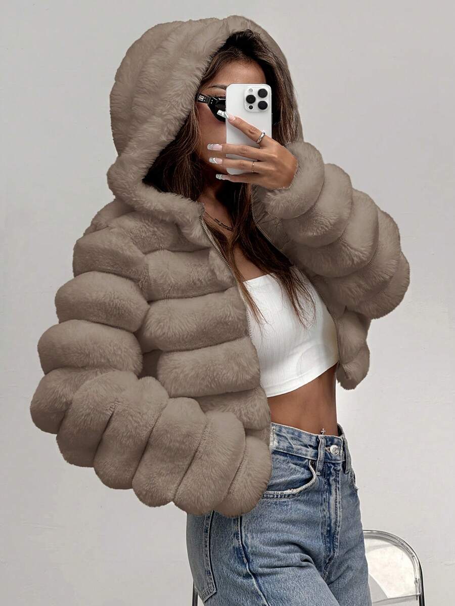 Comfortcana Women's Fashion Street Zip-Up Hooded Faux Fur Jacket, Winter Brown Zip Up Winter Winter Clothes Jacket Halloween Christmas,Winter Clothes For Women