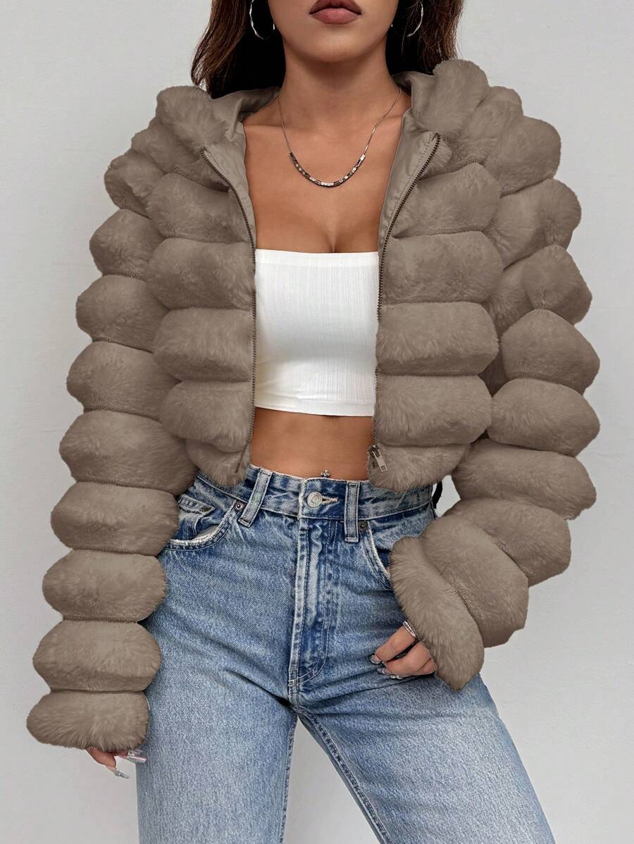 Comfortcana Women's Fashion Street Zip-Up Hooded Faux Fur Jacket, Winter Brown Zip Up Winter Winter Clothes Jacket Halloween Christmas,Winter Clothes For Women