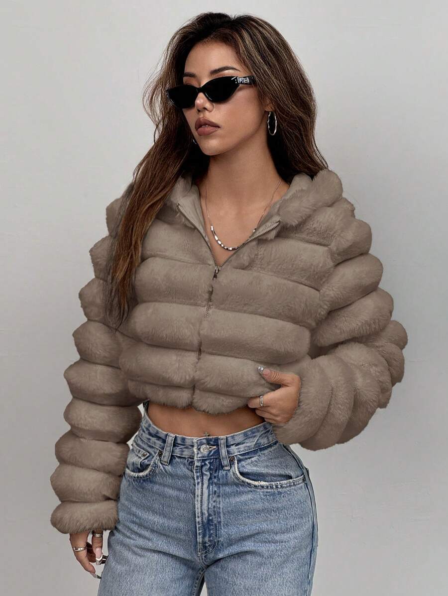 Comfortcana Women's Fashion Street Zip-Up Hooded Faux Fur Jacket, Winter Brown Zip Up Winter Winter Clothes Jacket Halloween Christmas,Winter Clothes For Women