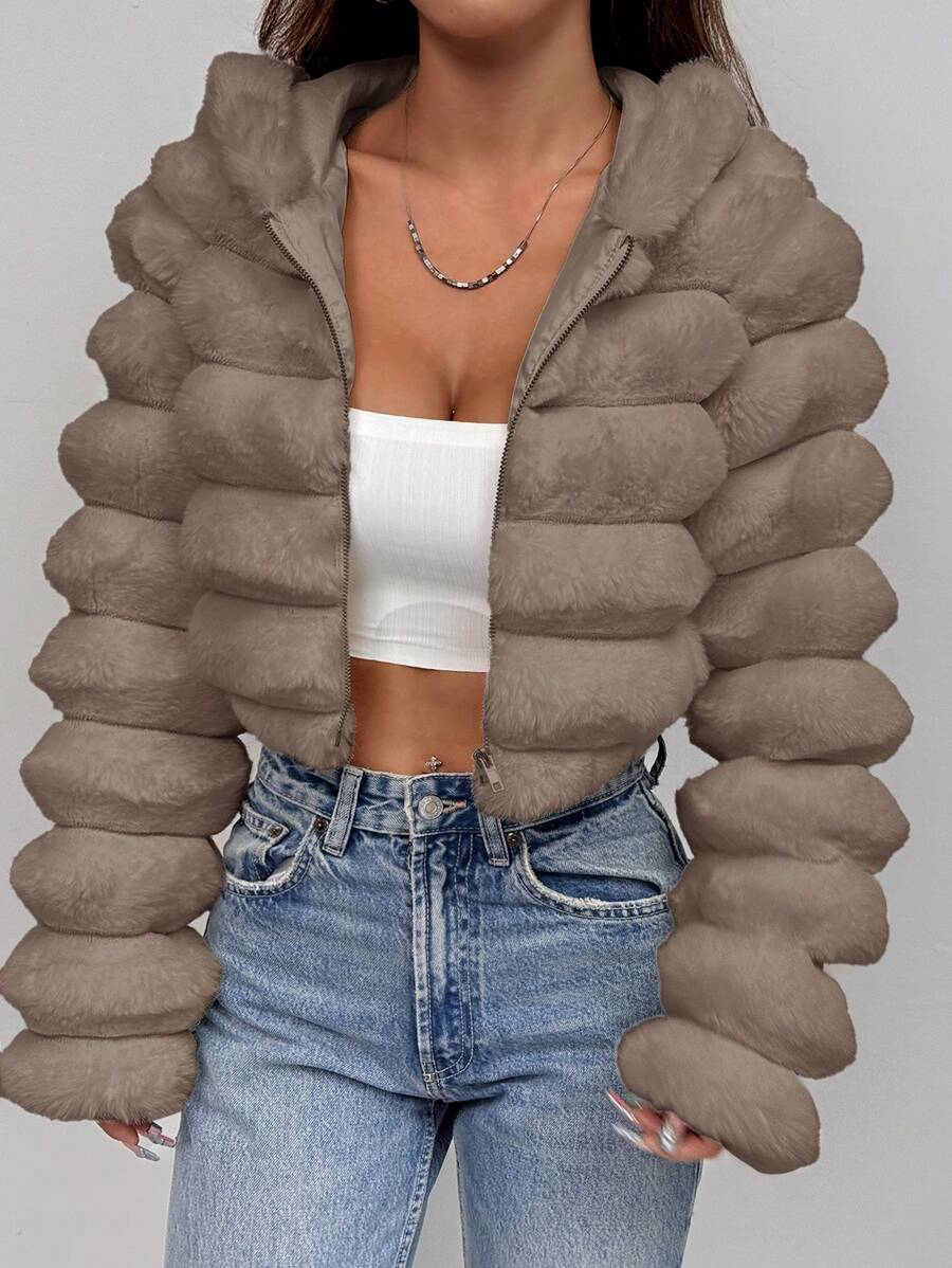 Comfortcana Women's Fashion Street Zip-Up Hooded Faux Fur Jacket, Winter Brown Zip Up Winter Winter Clothes Jacket Halloween Christmas,Winter Clothes For Women