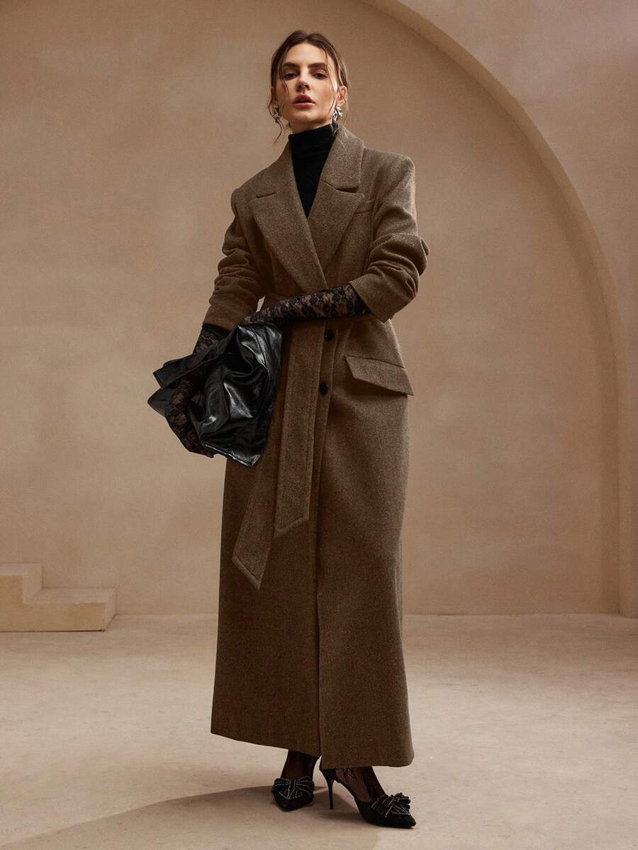 Anewsta Women's Khaki Long Belted Overcoat With Lapel Collar