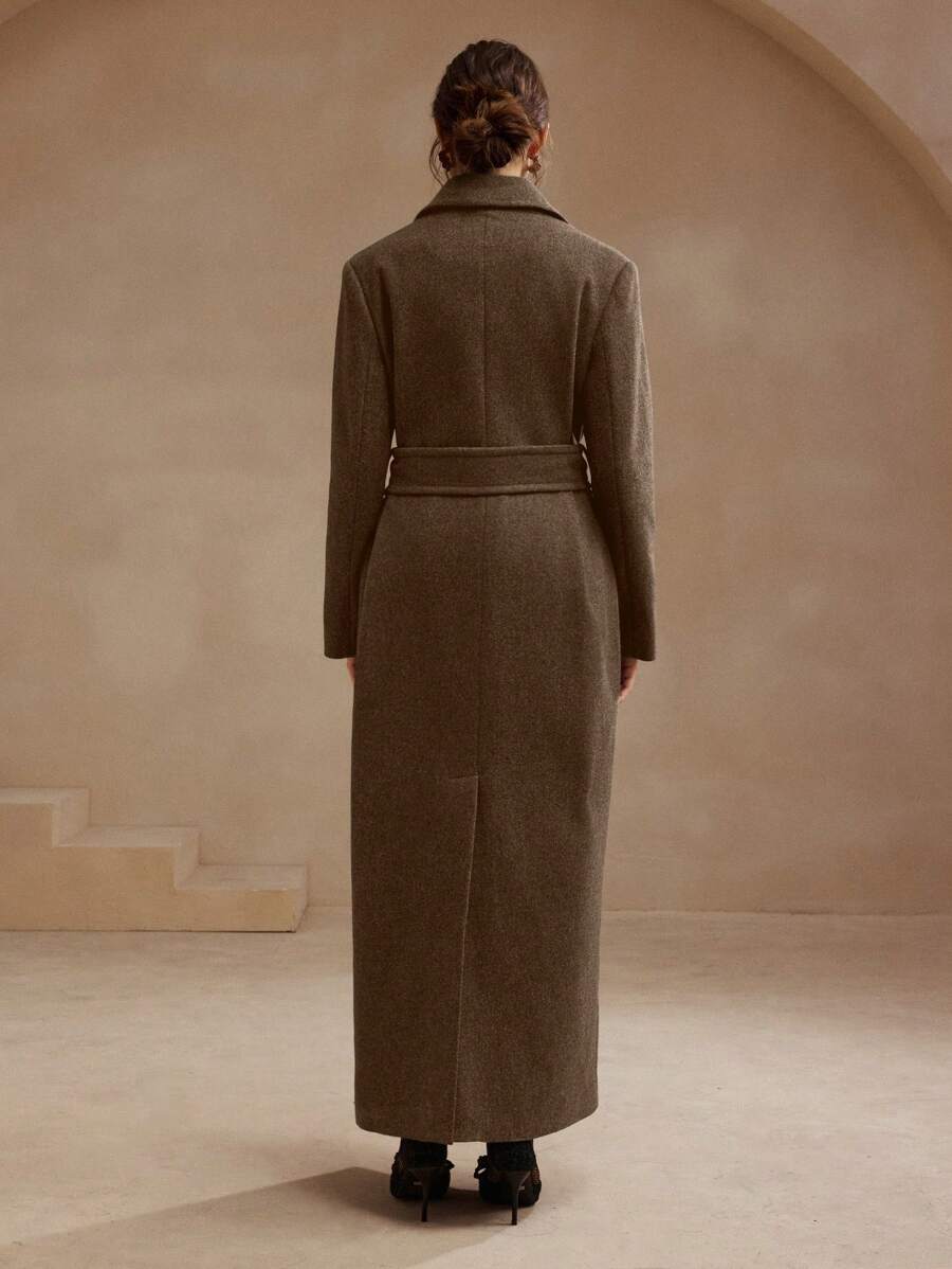 Anewsta Women's Khaki Long Belted Overcoat With Lapel Collar