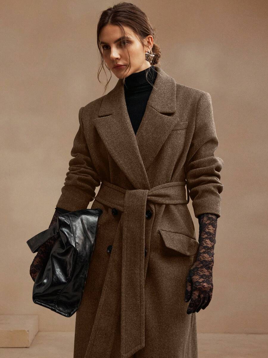 Anewsta Women's Khaki Long Belted Overcoat With Lapel Collar