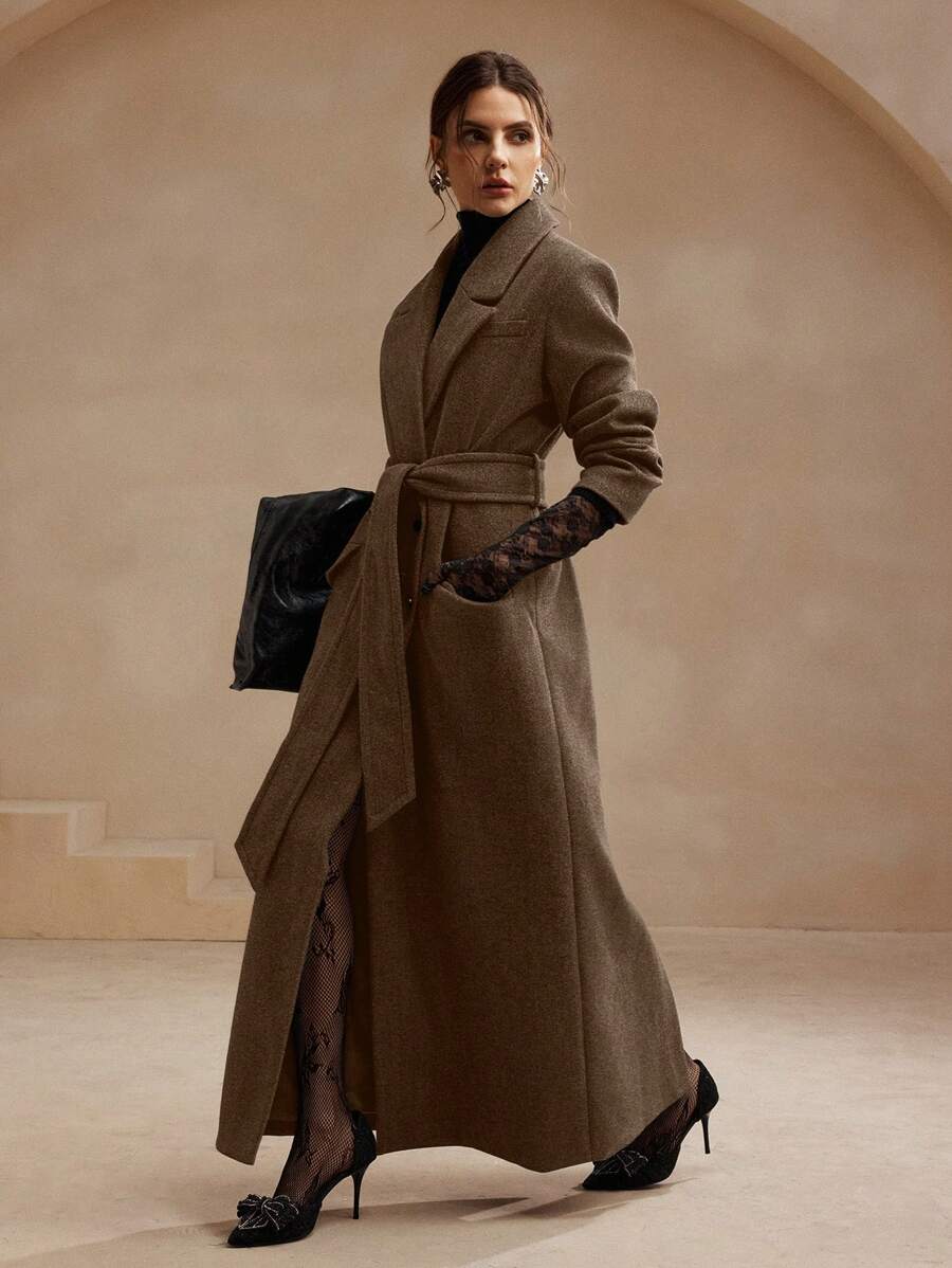 Anewsta Women's Khaki Long Belted Overcoat With Lapel Collar