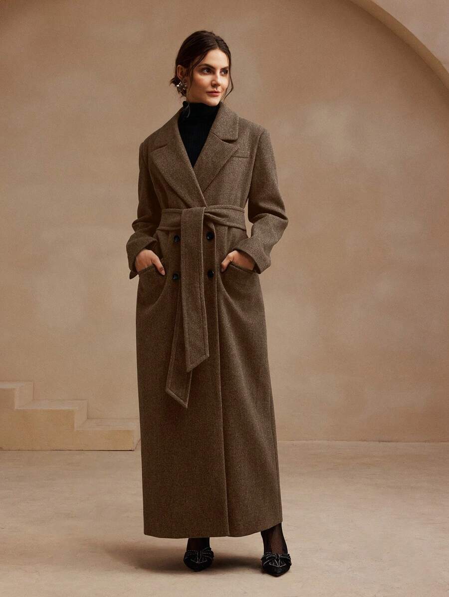 Anewsta Women's Khaki Long Belted Overcoat With Lapel Collar
