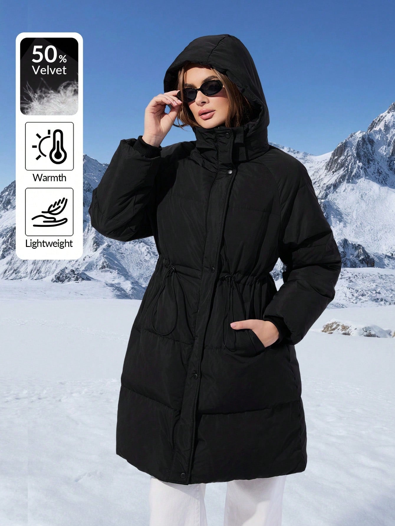 SHEIN EZwear Long Black Down& Feathers Coat For Women, Clothes Suitable For Winter