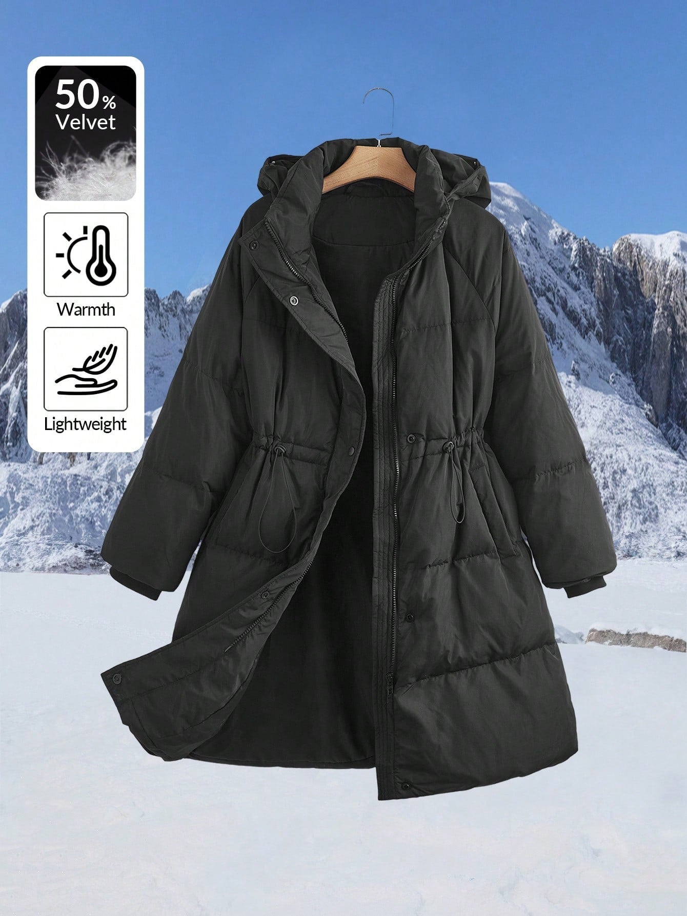SHEIN EZwear Long Black Down& Feathers Coat For Women, Clothes Suitable For Winter