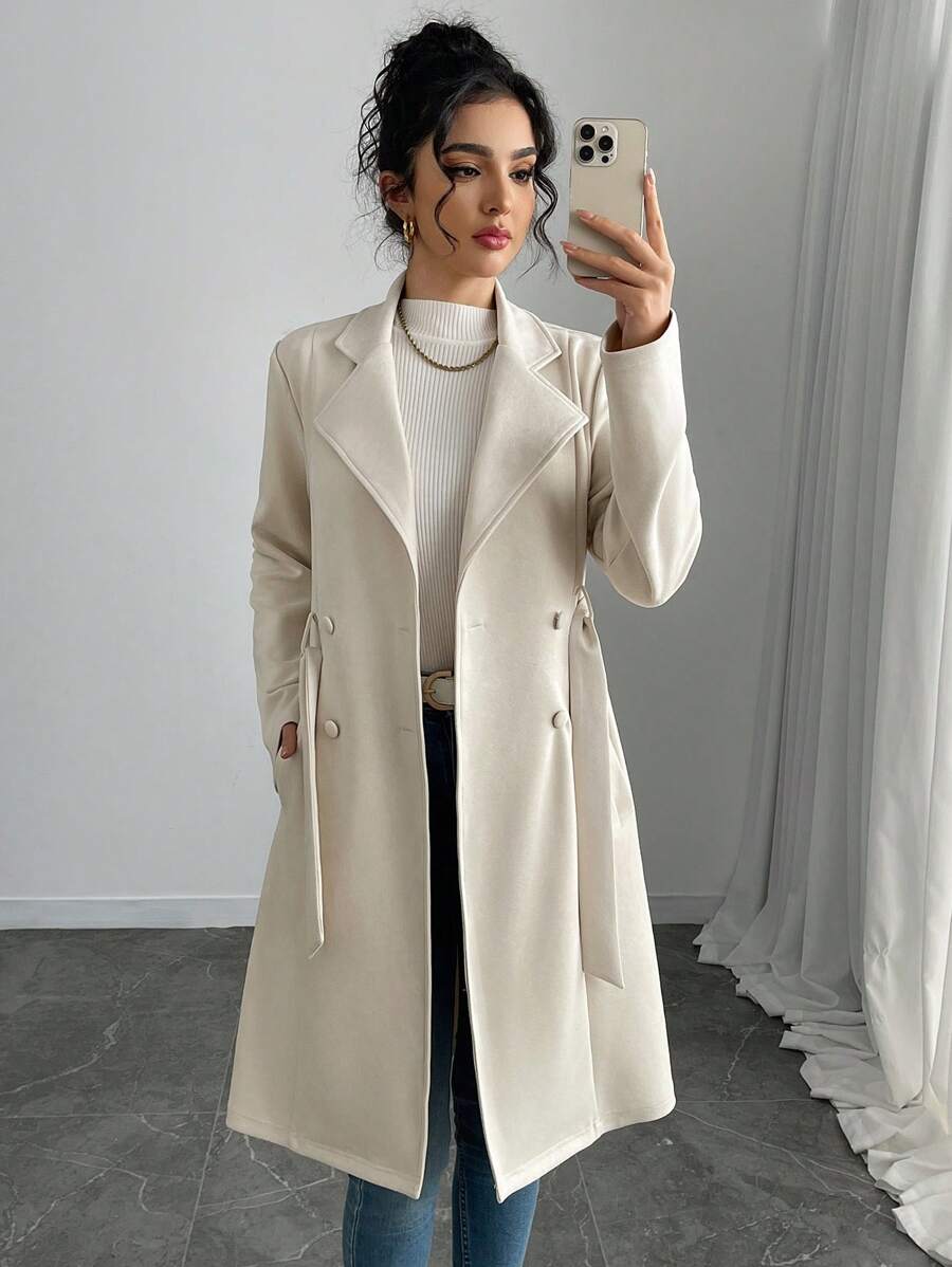 RosyDaze Women's Solid Color Faux Suede Double-Breasted Side Pocket Regular Jacket Fall Winter Cloth For Women