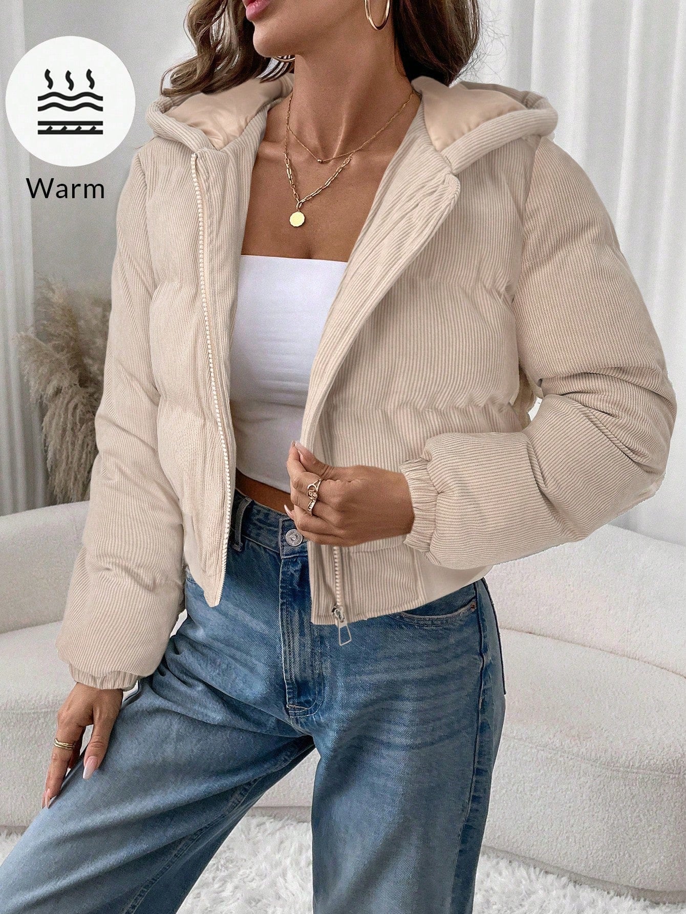 SHEIN LUNE Women's Casual Solid Zip-Up Hooded Sherpa Fleece Jacket, Warm For Autumn/Winter