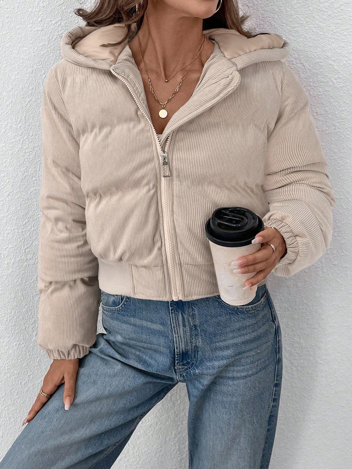 SHEIN LUNE Women's Casual Solid Zip-Up Hooded Sherpa Fleece Jacket, Warm For Autumn/Winter