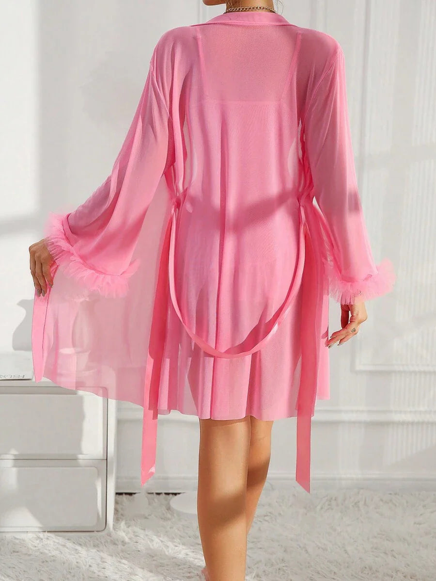 Slumberist 2pcs Set: Fishbone Style Cinch Waist Lace Cami Nightgown