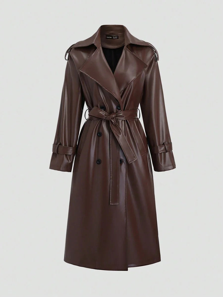 Lunelith  Lunessa Women's Fashionable Double-Breasted PU Trench Coat, Autumn