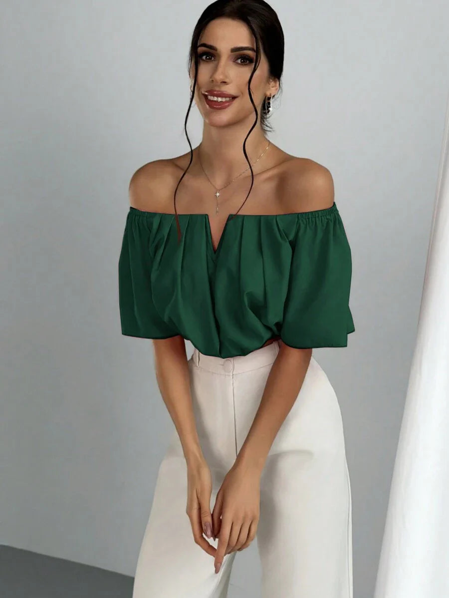 Aloruh Solid Color V-Neck Off Shoulder Casual Top