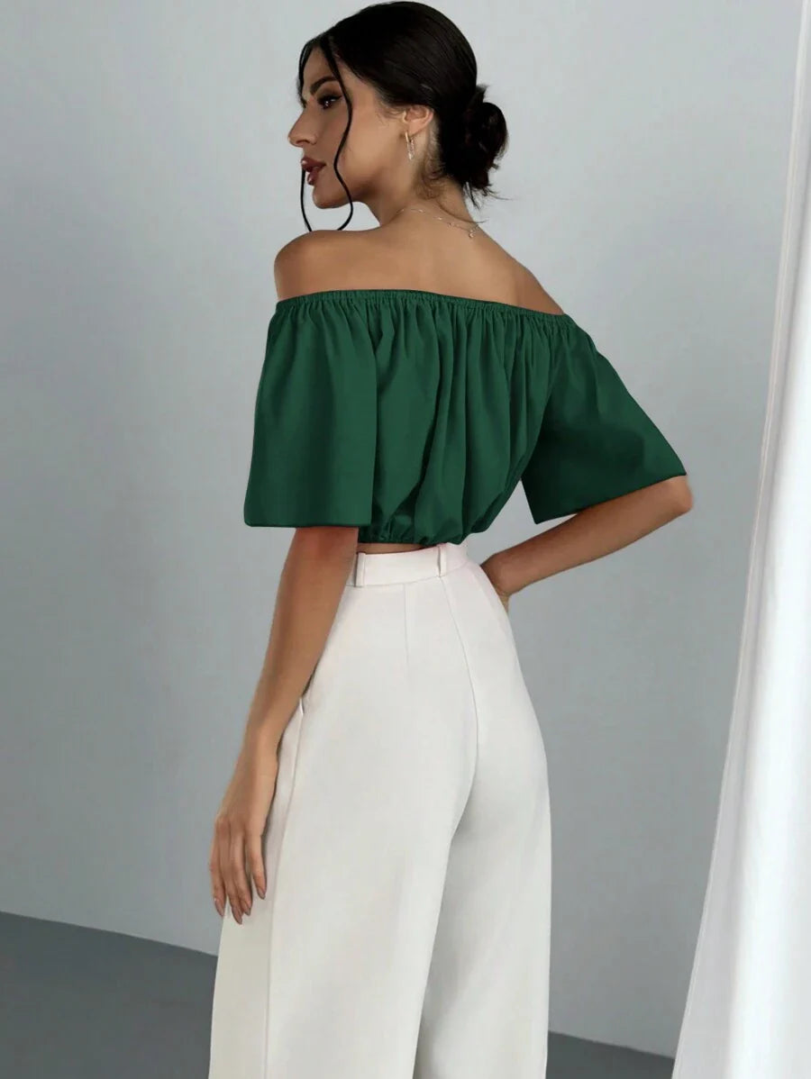 Aloruh Solid Color V-Neck Off Shoulder Casual Top